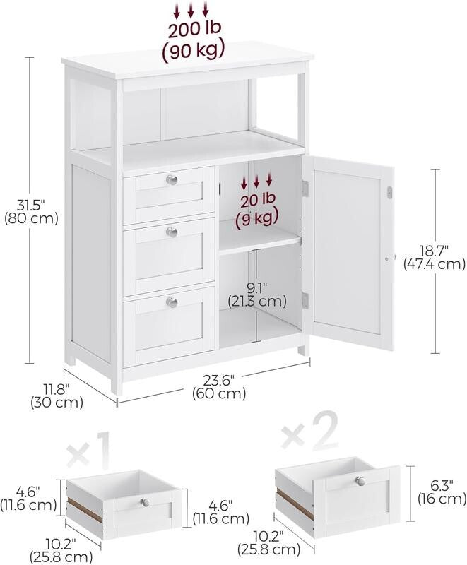 White Bathroom Storage Cabinet 3 Drawer 1 Door – Adjustable Shelf Cupboard