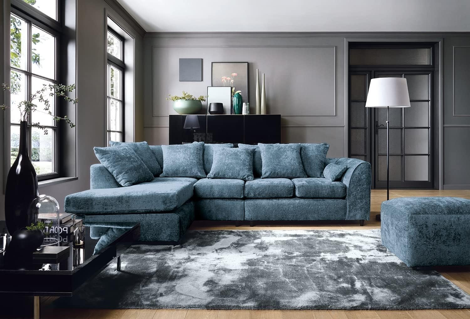 Large Dark Blue Chenille Corner Sofa – Modern L Shape 5 Seater Couch w/ Covers