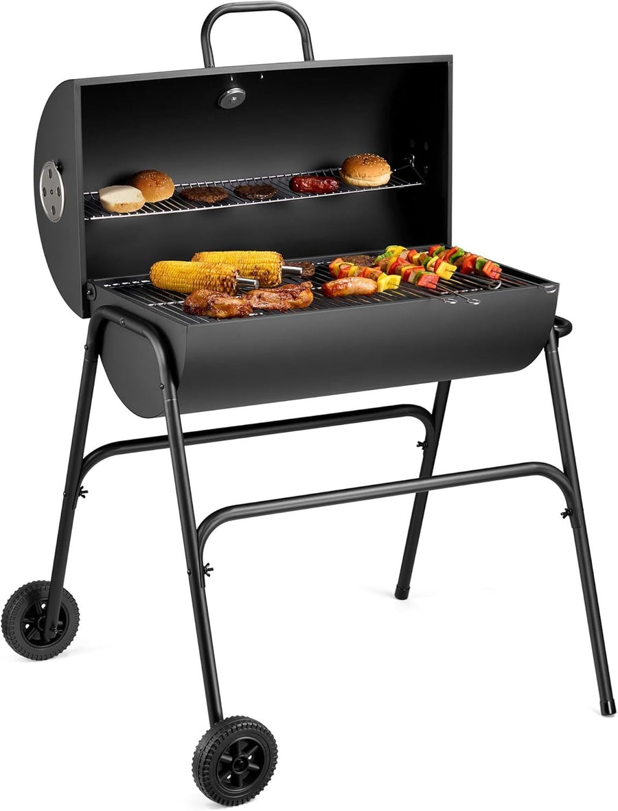 Portable Charcoal BBQ Grill with Smoker | Large Barrel Drum Grill | Warming Rack