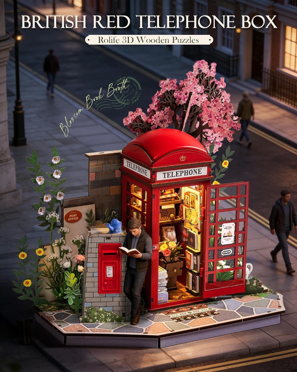 3D Wooden Telephone Box Book Nook Kit LED Miniature Library Decor