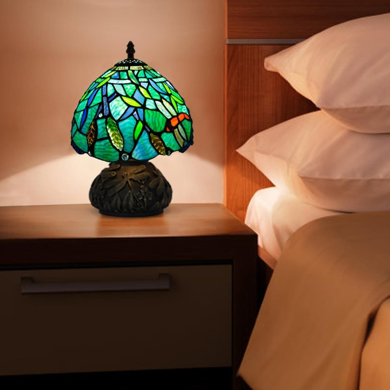 Small Tiffany Stained Glass Desk Lamp 8x8x11in 3 Color Temps Dragonfly Base