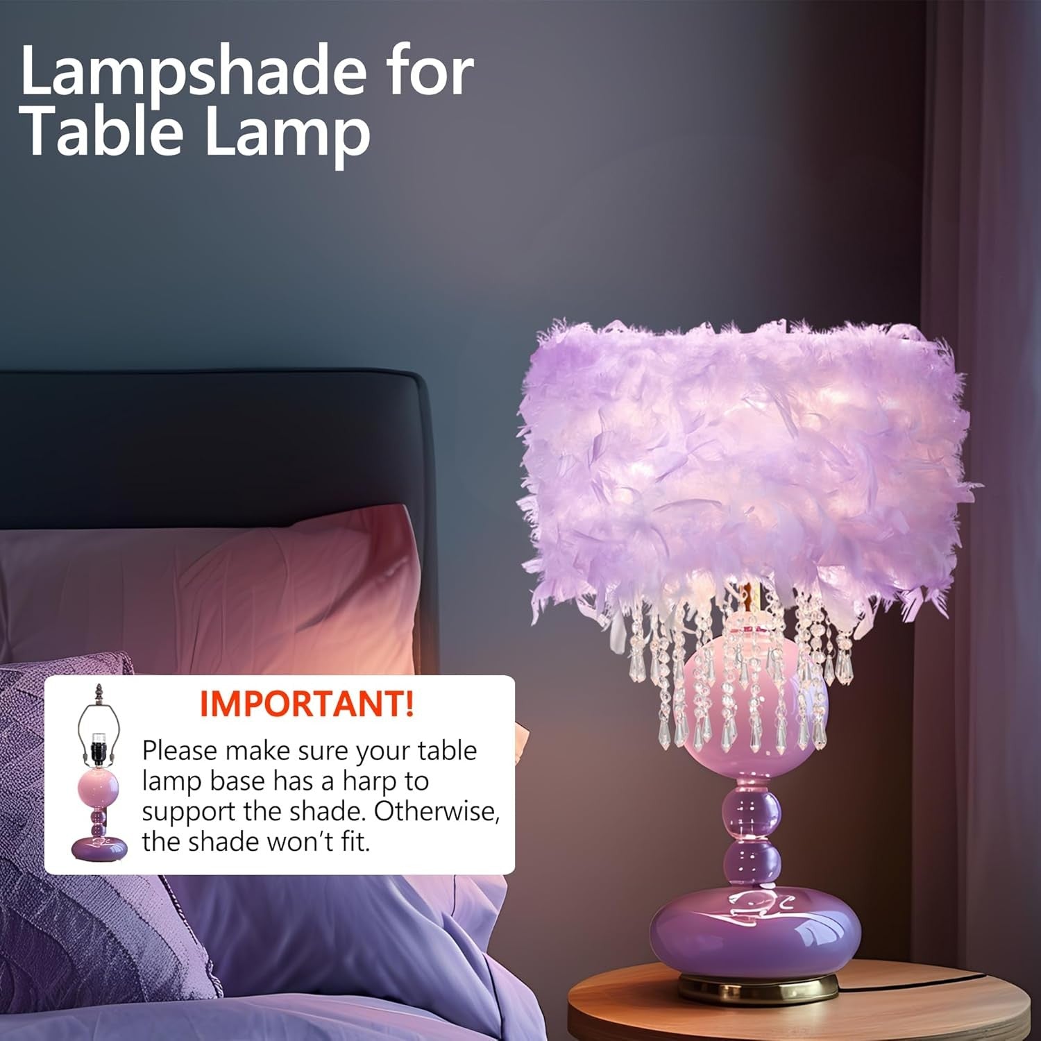 Feather Lampshade Purple Fluffy Ceiling Pendant Drum Shade Crystal Drops