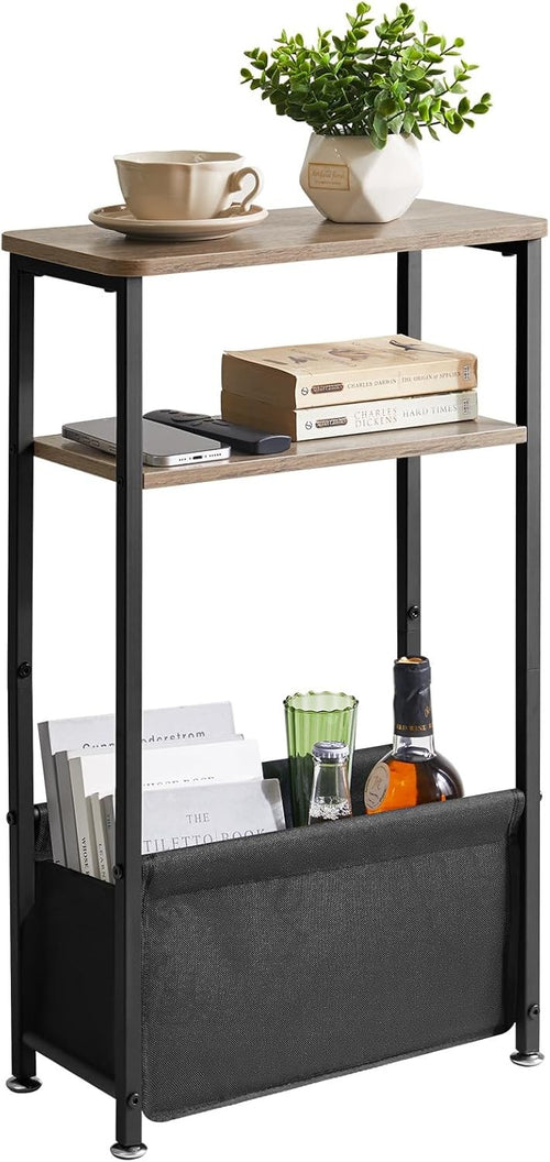 Slim 3-Tier Side Table with Storage Basket – Narrow Bedside/End Table for Small