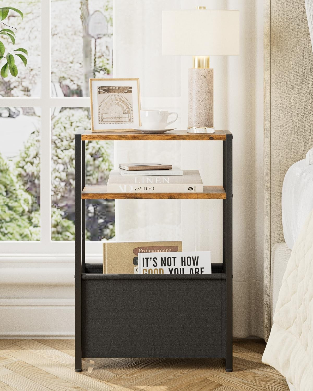 Slim Side Table with Storage Basket, Rustic Brown, Space-Saving Design