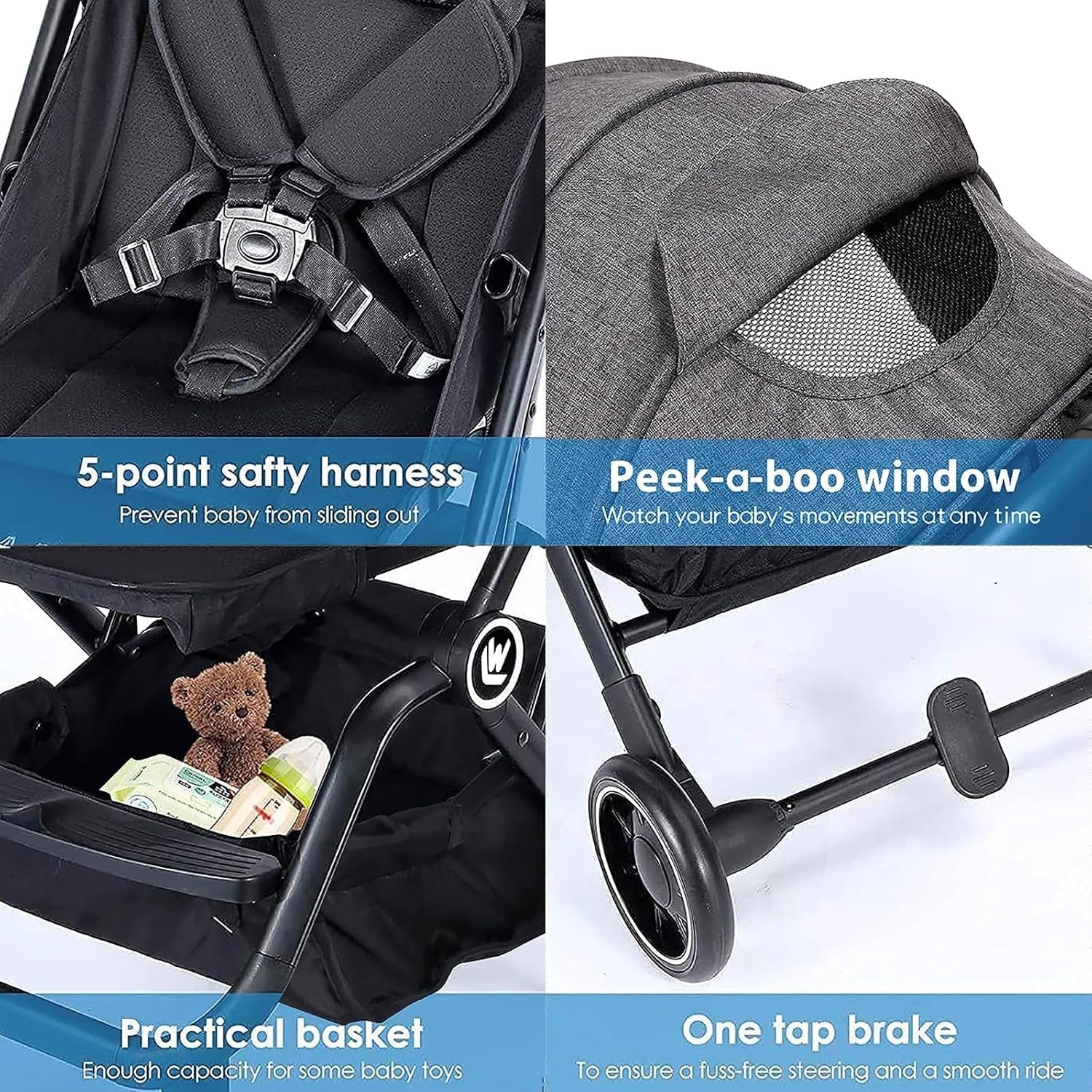 Lightweight Baby Stroller One Hand Fold Compact Travel Pushchair w Basket