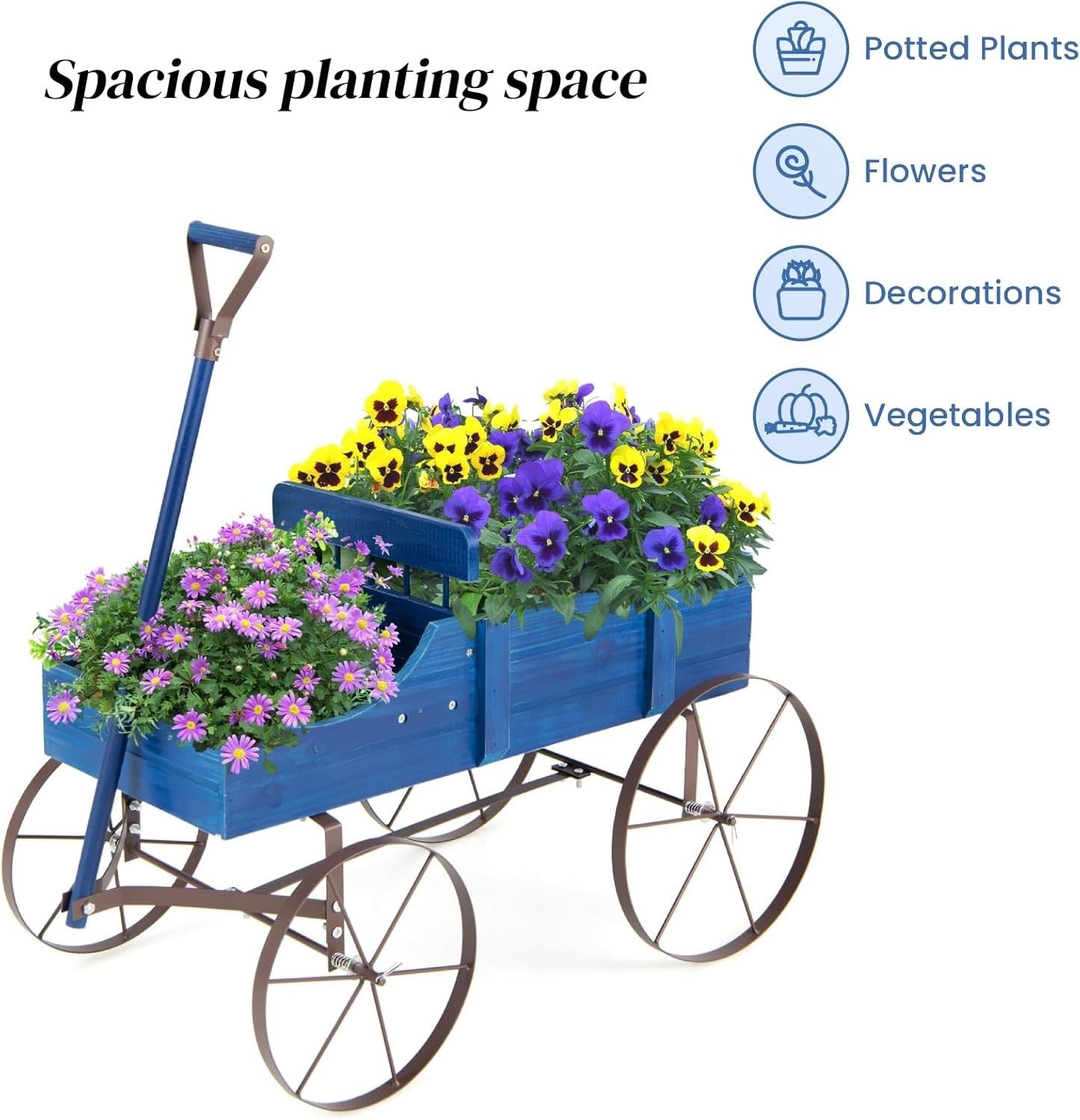 Blue Wooden Garden Wagon Planter Decorative Flower Cart w/ Handle & Wheels