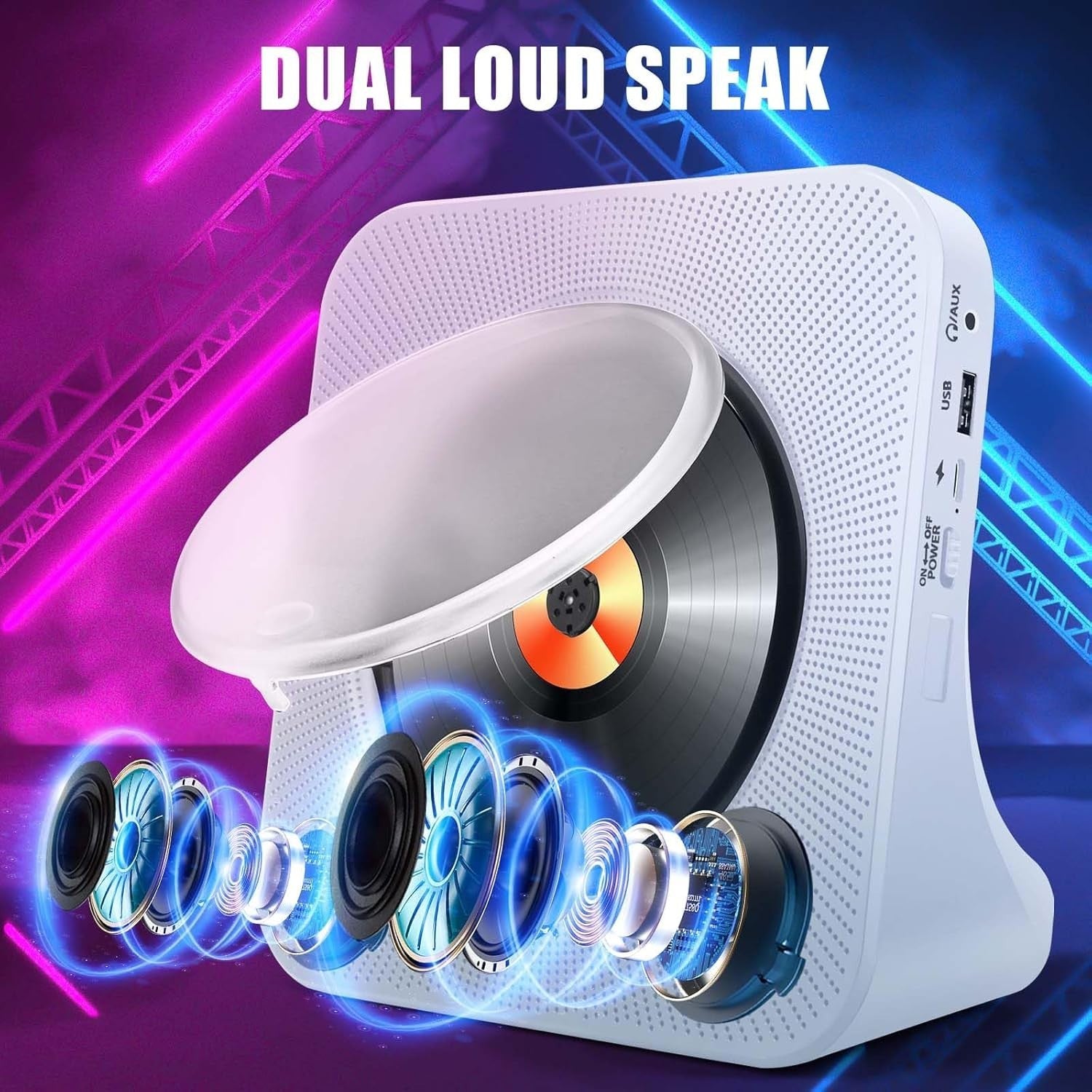 Portable Bluetooth CD Player FM Radio USB AUX HiFi Speakers Remote White