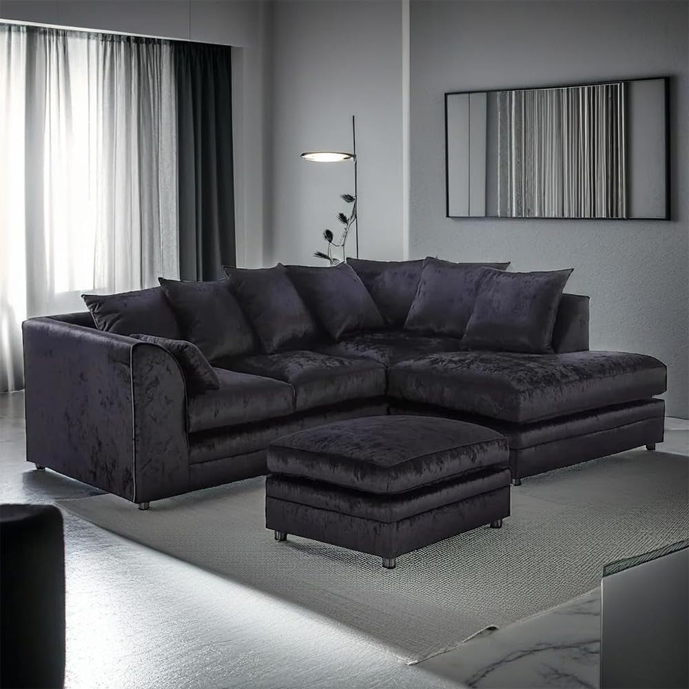 L Shaped 4 Seater Crush Velvet Sofa with Footstool - Modern Black Corner