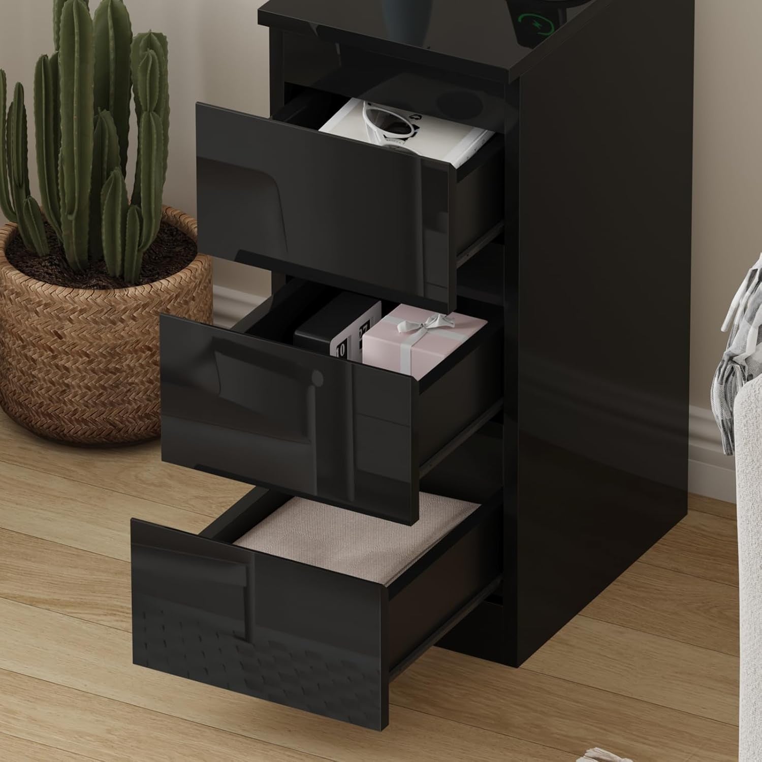 Slim Bedside Table with Charging Ports USB Power Sockets 3-Drawer Narrow Unit
