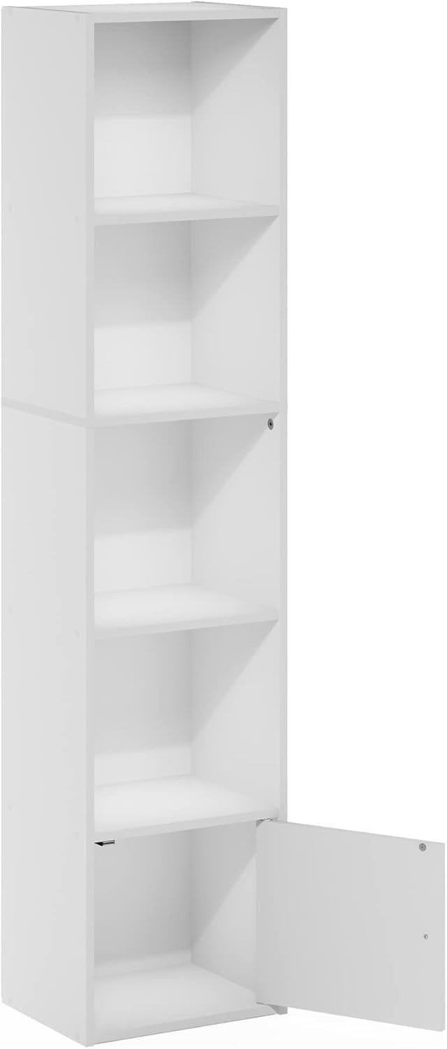 5-Tier White Bookshelf with 1 Door Storage Cabinet Modern Display Shelf
