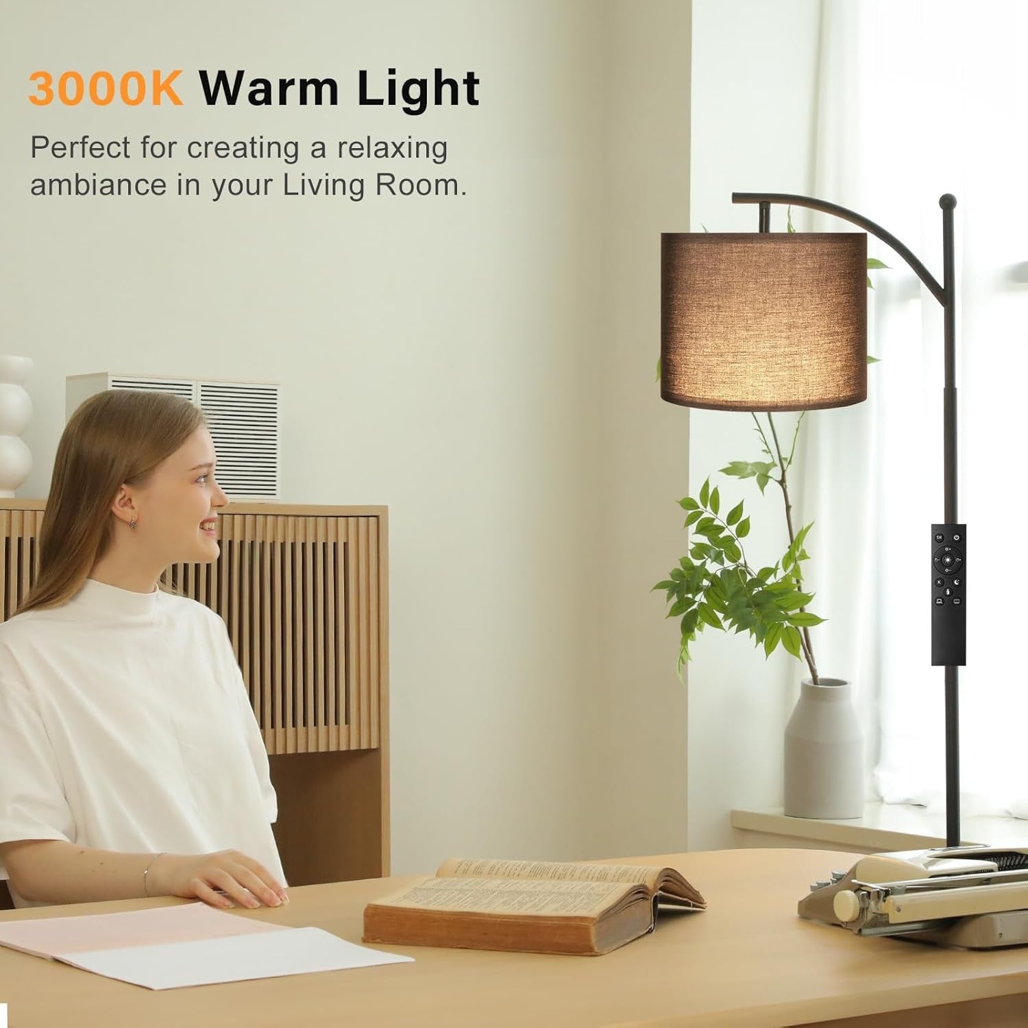 Black Arc Floor Lamp Dimmable LED Remote Control Modern Standing Light