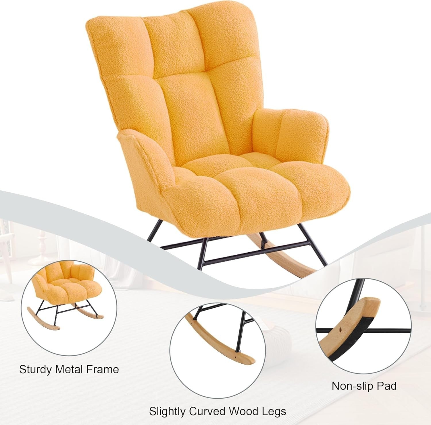 Rocking Chair Nursery Glider Comfy Armchair High Back Padded Seat Yellow Teddy