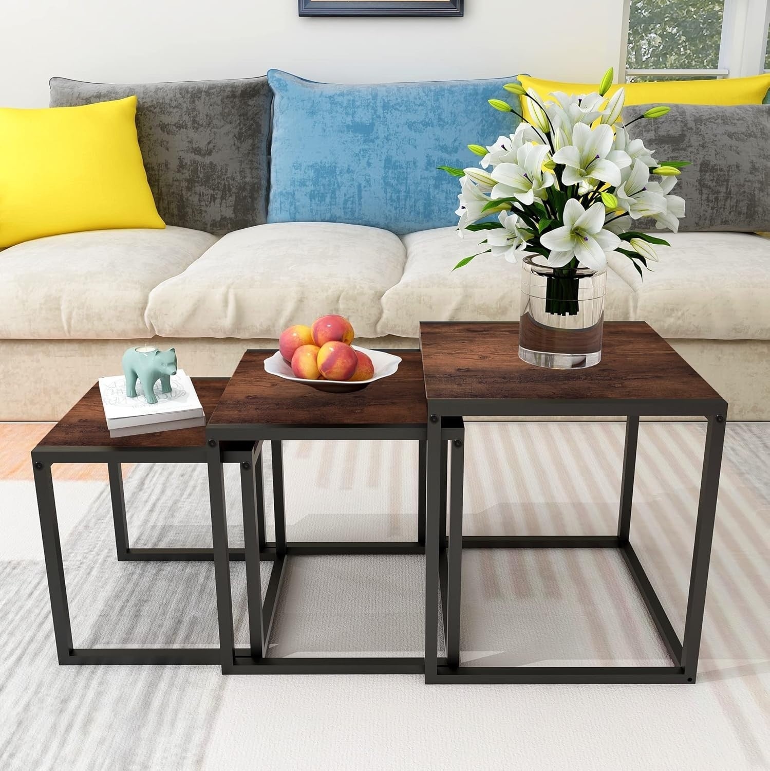 Rustic Brown Nesting Coffee Tables Set of 3 Storage Side End Table Metal Wood