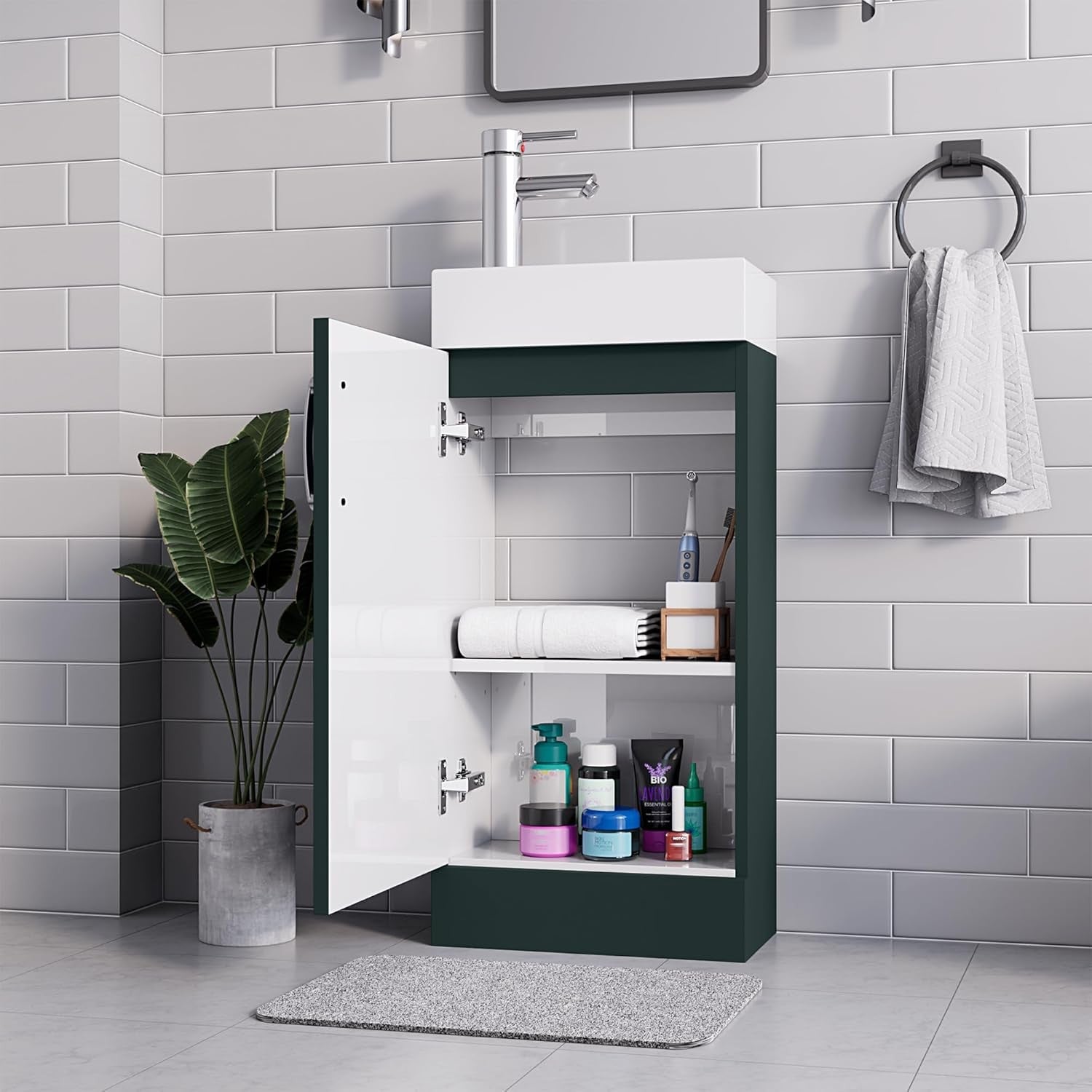 Green Cloakroom Vanity Unit with Basin, Trap & Waste – Compact Under Sink 40cm