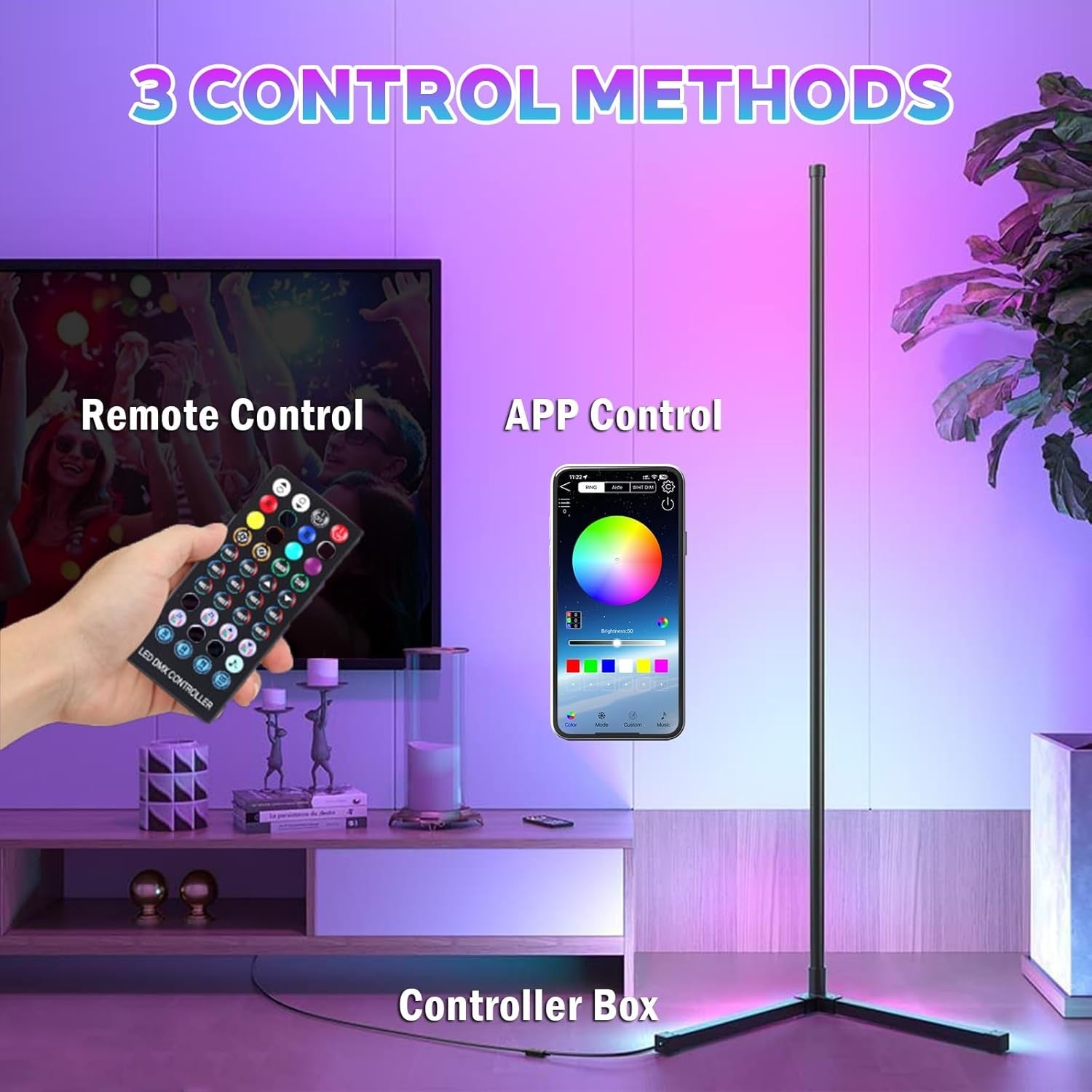 2 Pack Smart RGB Corner Floor Lamp App Remote Music Sync LED Mood Light