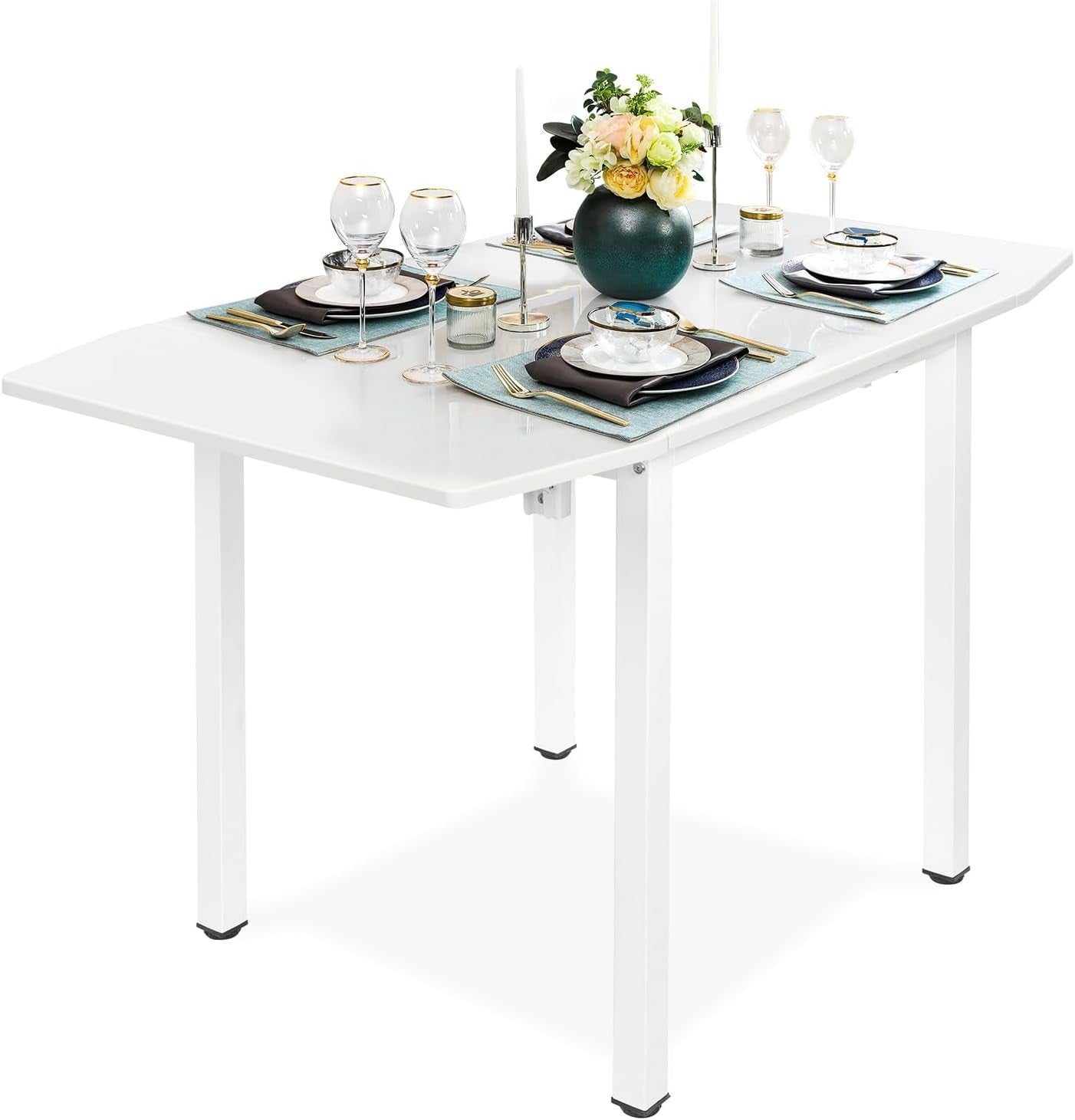 Space-Saving White Drop Leaf Dining Table & 4 Grey PU Leather Chairs Set