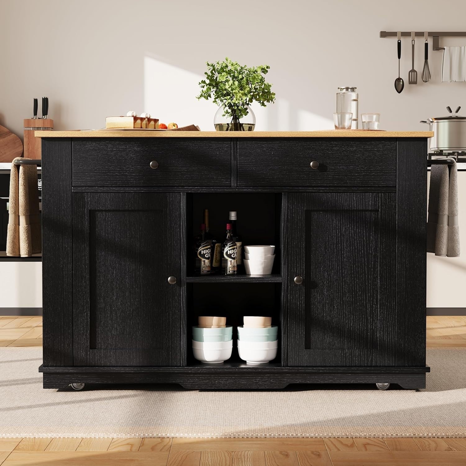 Black Kitchen Island with Power Strip, Foldable Worktop, Drawers & Storage