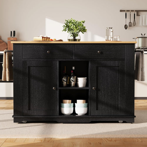 Black Kitchen Island with Power Strip, Foldable Worktop, Drawers & Storage