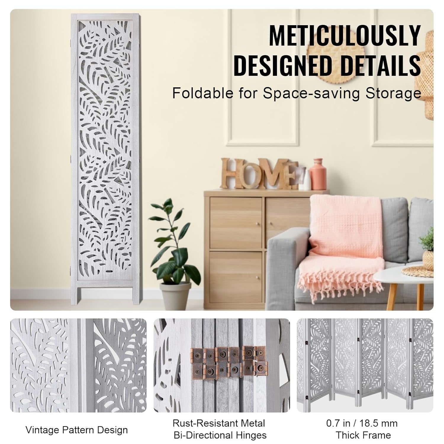 6 Panel White Folding Room Divider Carved Wood Privacy Screen 242x171cm