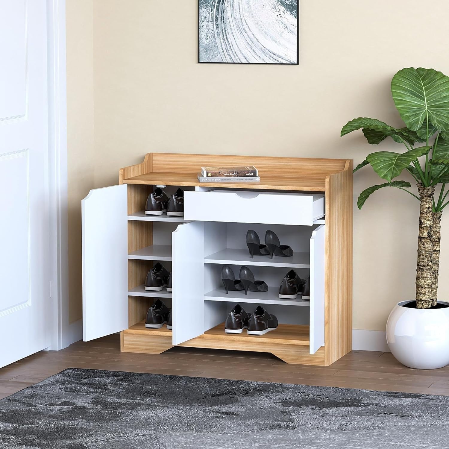 Large Modern Wooden Shoe Cabinet with Drawer & 3 Doors for Hallway