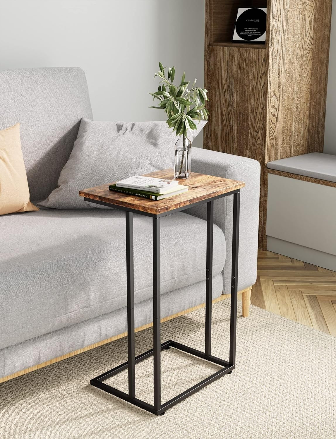 Slim Rustic Brown C Shaped End Table Sofa Couch Bed TV Tray Laptop Stand..
