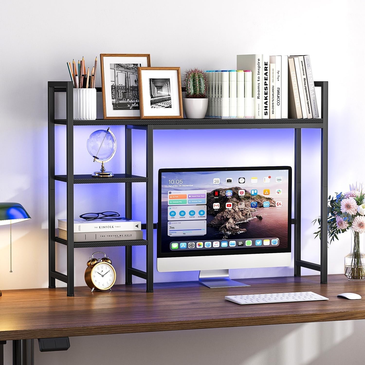 38.6" Desk Hutch Shelf with LED Strip | 4-Tier Desktop Organizer Rack