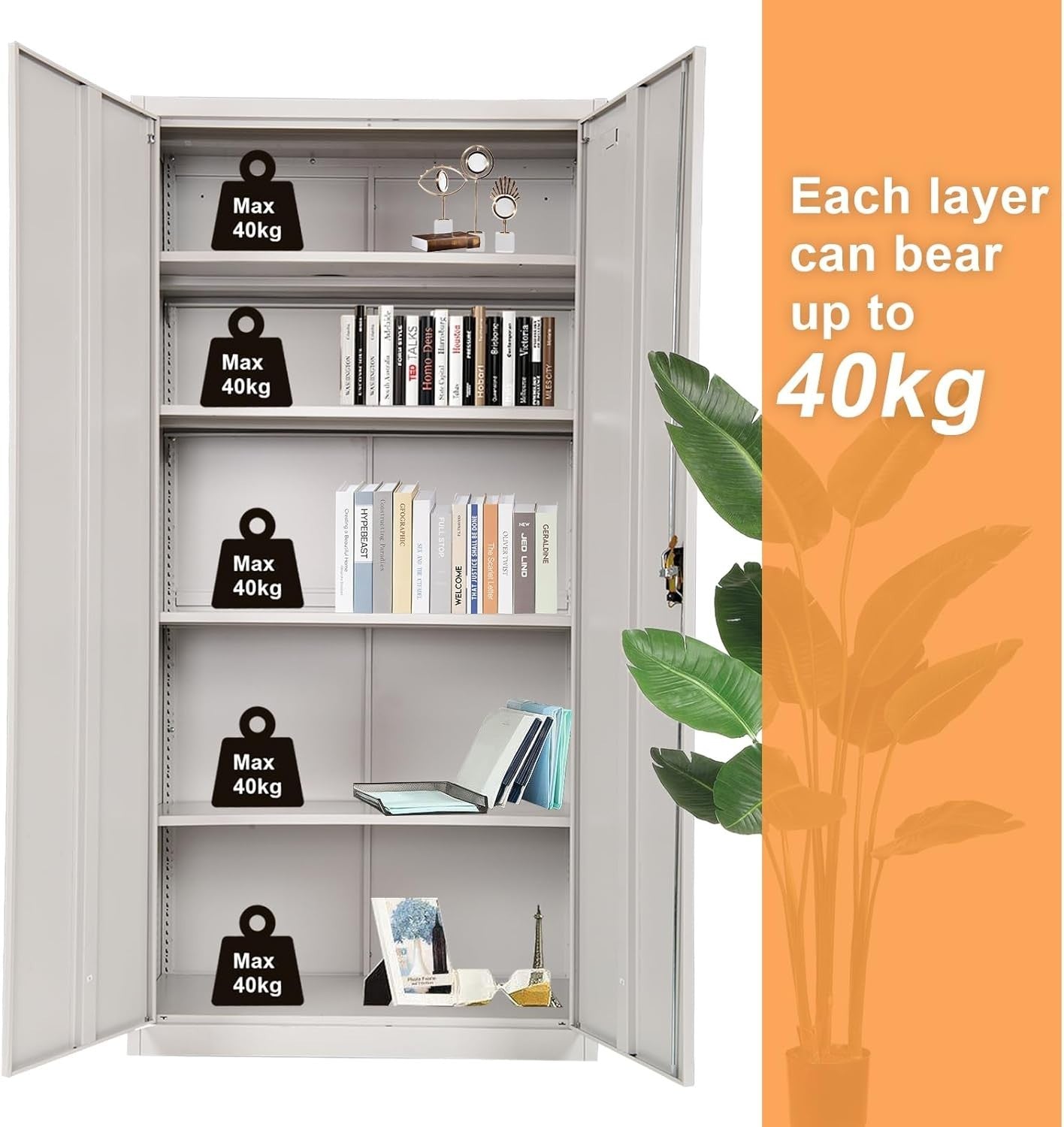 Lockable Metal Storage Cupboard 5 Shelves Adjustable Heavy Duty Office