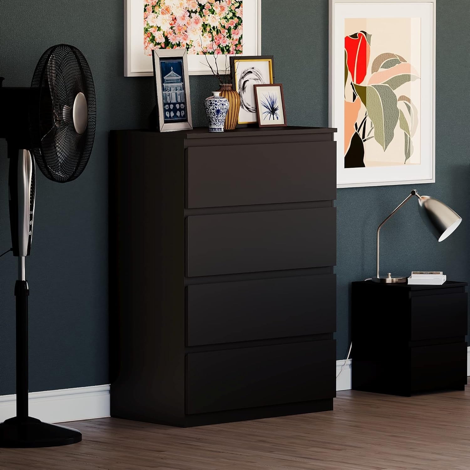Black 4 Drawer Chest Modern Storage Unit – Slim Bedroom Dresser