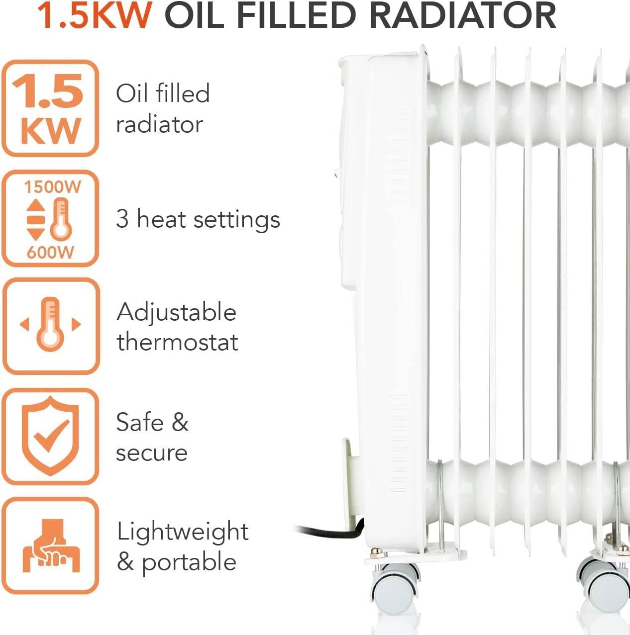 Warmlite WL43003YW 1500W Oil Filled Radiator with 3 power Settings and Adjustabl