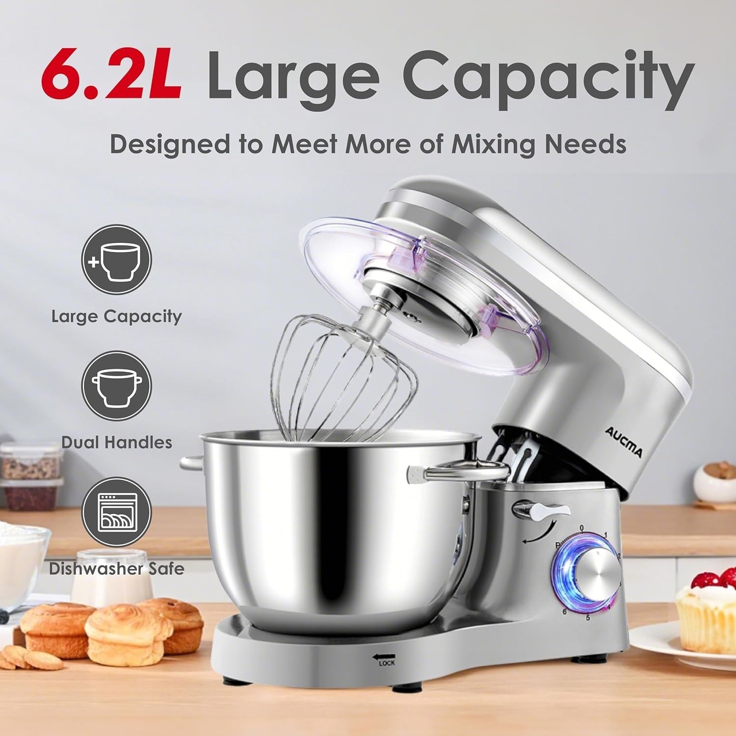 6.2L 1400W Tilt-Head Stand Mixer with Dough Hook Whip & Beater Stainless Steel
