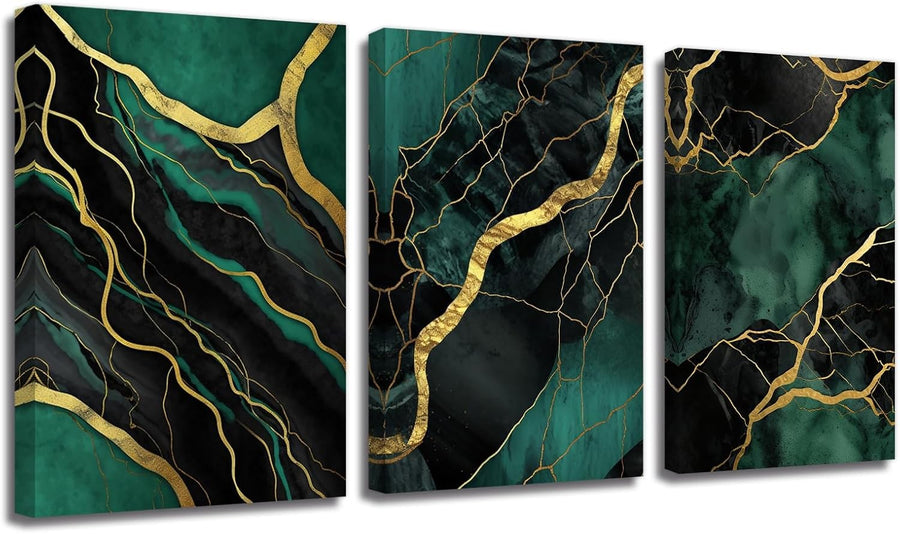3Pcs Emerald Green & Gold Abstract Canvas – Marble Texture Framed Wall Art
