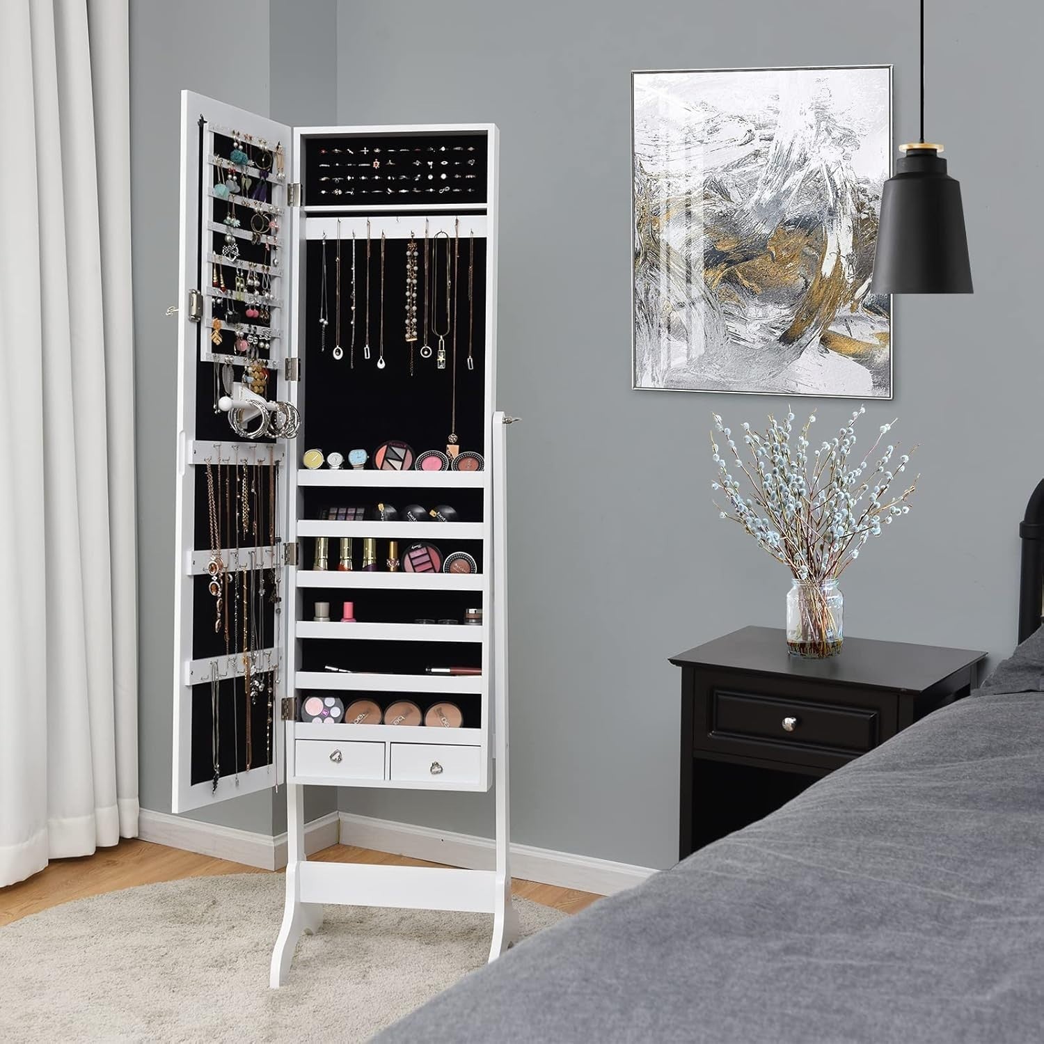 White Standing Jewelry Organizer Mirror Lockable Armoire Adjustable Angle