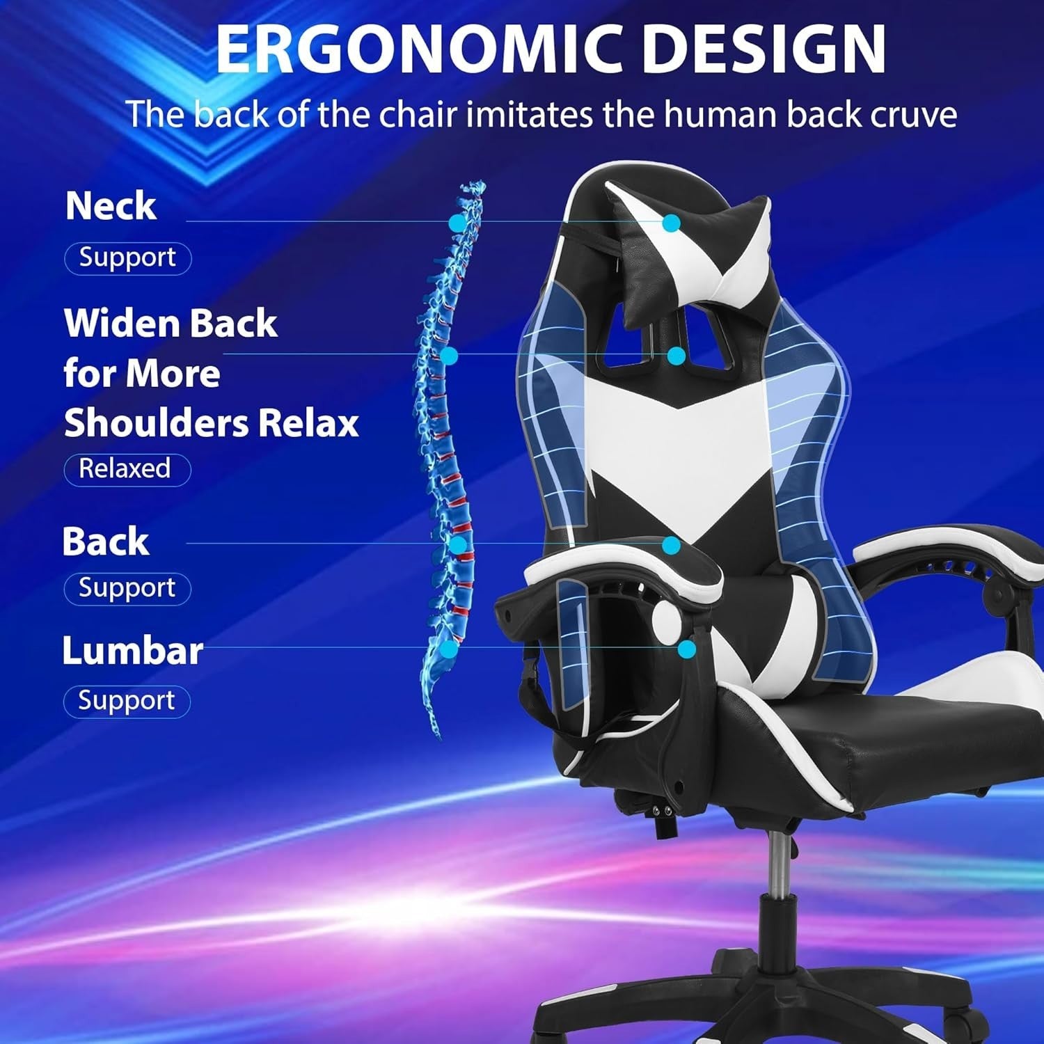 Ergonomic Gaming Chair w/Massage, High Back, Reclining, Faux Leather, Black/Whit