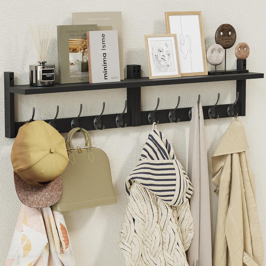 Wooden Wall Coat Rack with Shelf 87cm | 10 Hooks for Coats Hats Keys