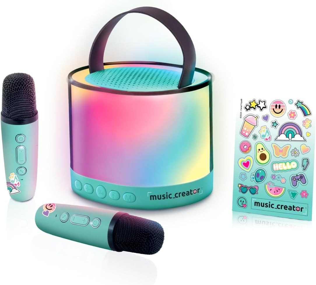 Pink Kids Karaoke Station 2 Wireless Mics LED Lights Bluetooth