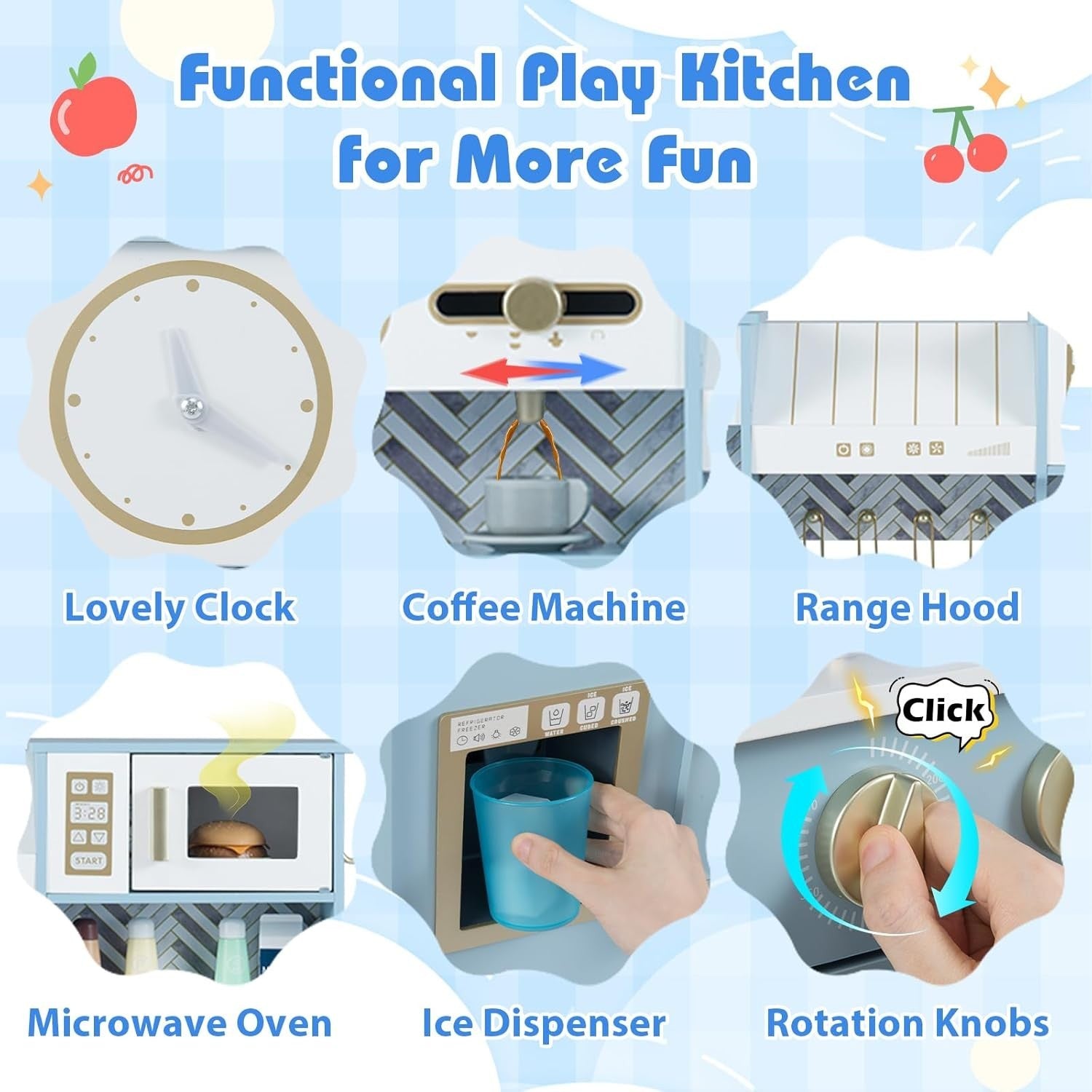 Wooden Kids Play Kitchen Blue w/ Coffee Station Ice Dispenser Set