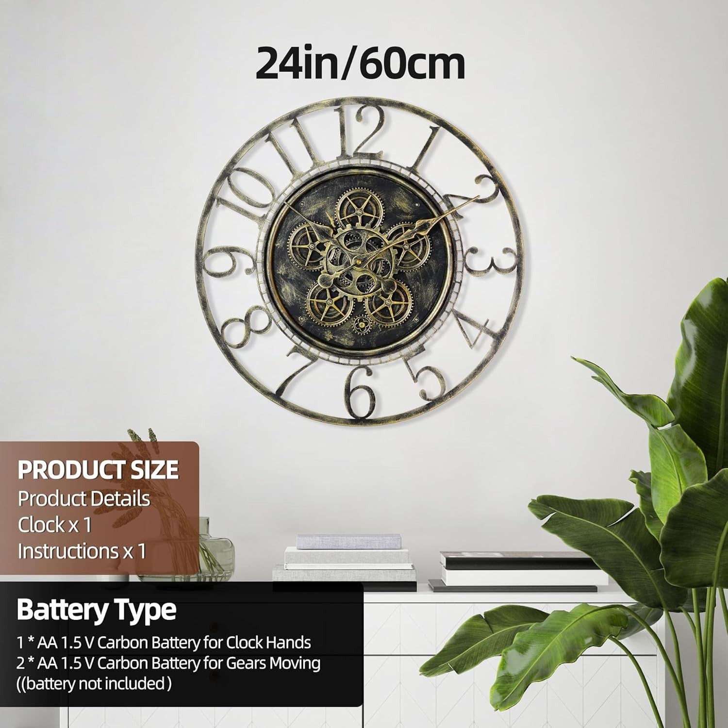 Large Industrial Steampunk Wall Clock with Moving Gears | Vintage Bronze 24"