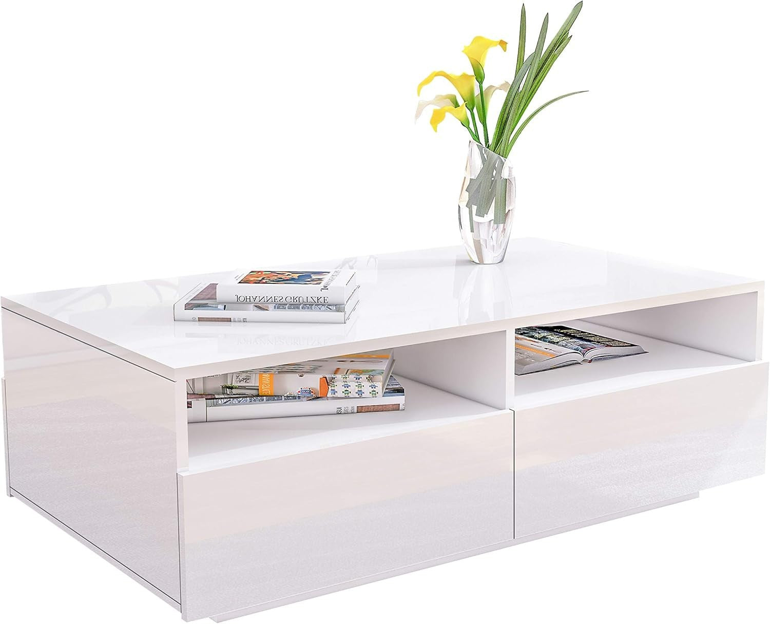 White Gloss Coffee Table with 4 Drawers & LED Lights Modern 85x55x35cm