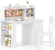 Kids Study Desk and Chair Set Wooden Writing Table Storage Shelves Drawer White