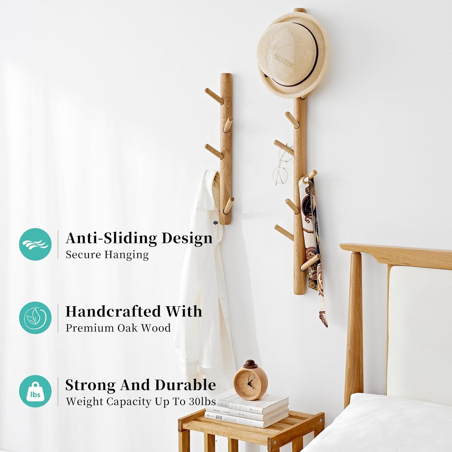 90cm Wall Mounted Wooden Coat Rack | Vertical Hat Hook Tree for Hallway Bags