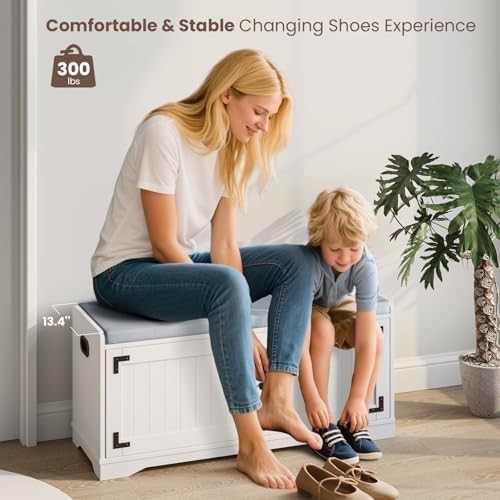 White Shoe Storage Bench with Cushion Seat 2-Door Cabinet Adjustable Shelves