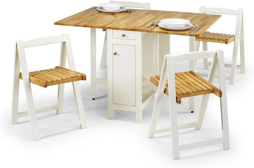 Compact Dining Table Set with Storage Cabinet Foldable Chairs White Oak