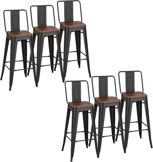 Set of 6 Industrial Black Bar Stools with Backrest & Footrest – Wood & Metal