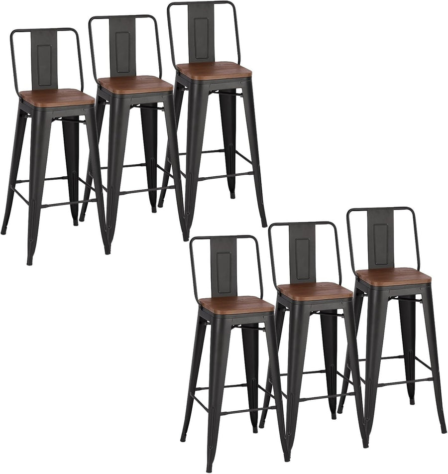 Set of 6 Industrial Black Bar Stools with Backrest & Footrest – Wood & Metal
