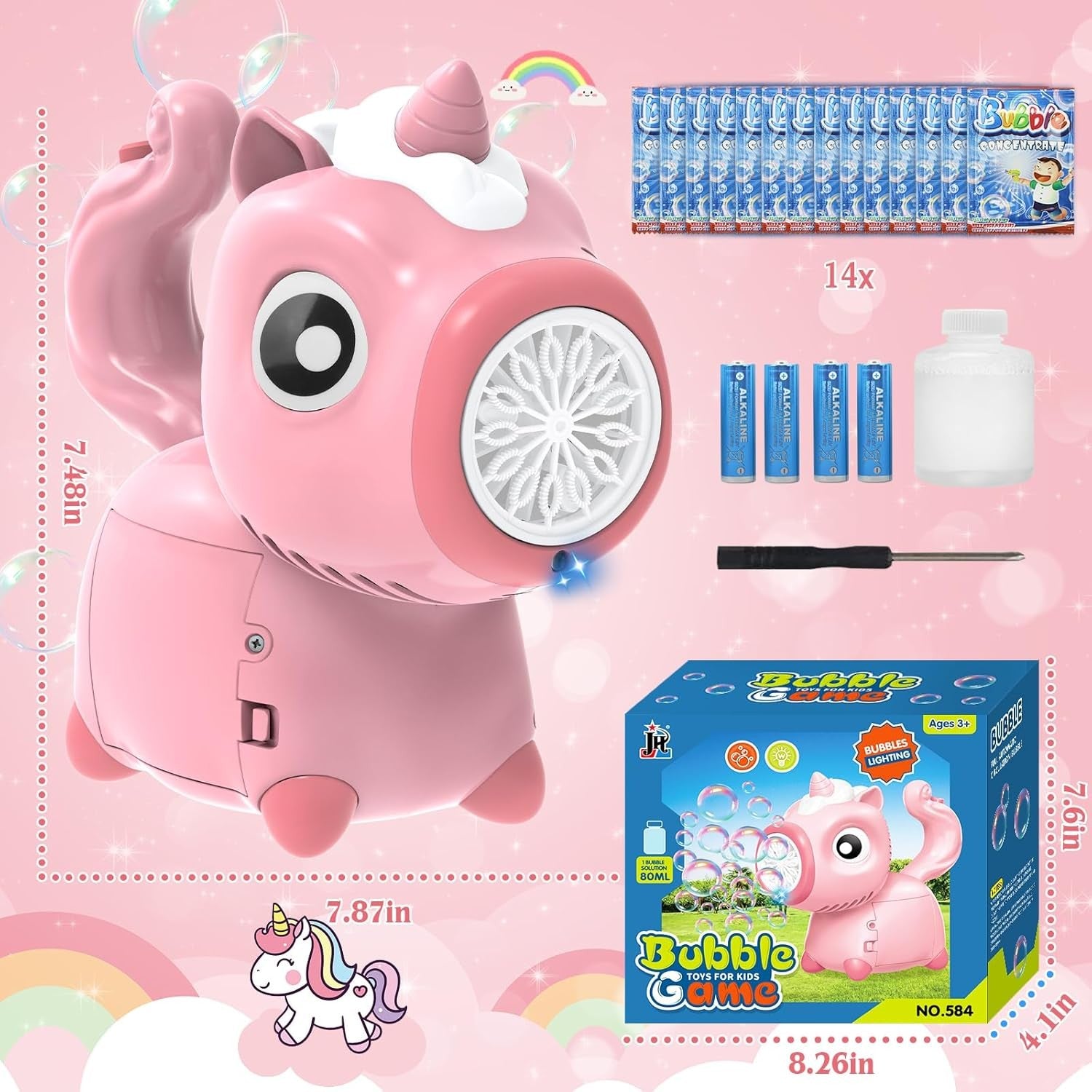 Unicorn Bubble Machine with Lights 10000 Bubbles Pink