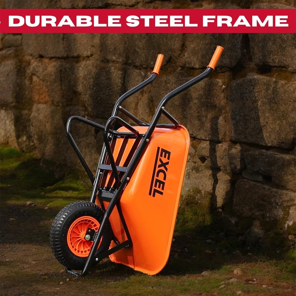 70L Orange Wheelbarrow – Galvanised Steel Frame Pneumatic Tyre 200kg Load