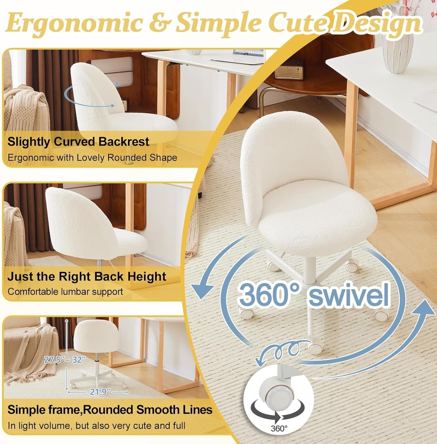 Velvet Vanity Desk Chair with Back Support – Cute Small Office Chair White