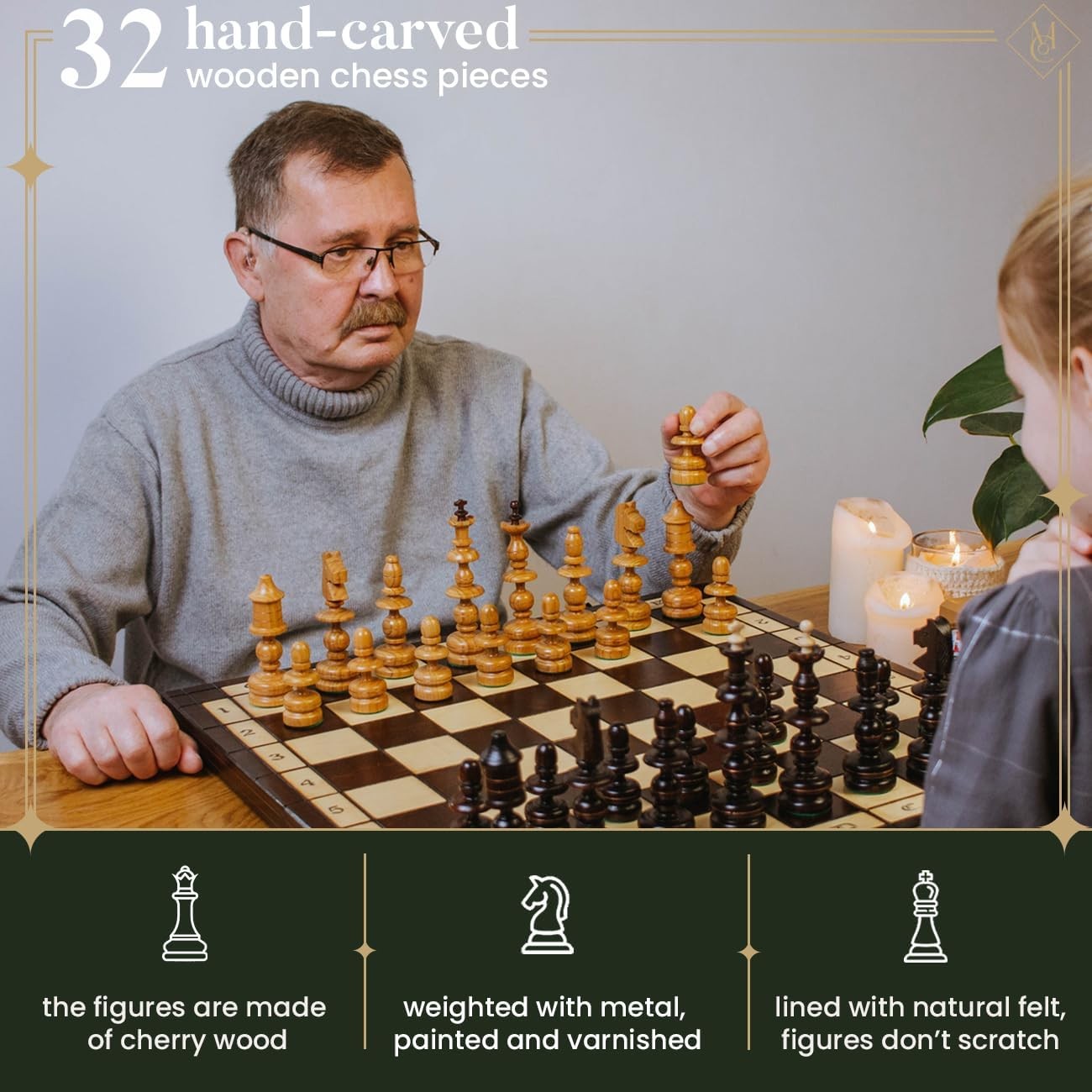56cm Luxury Wooden Chess Set | Handcrafted Old Polish Design | Copper Inlay Boar