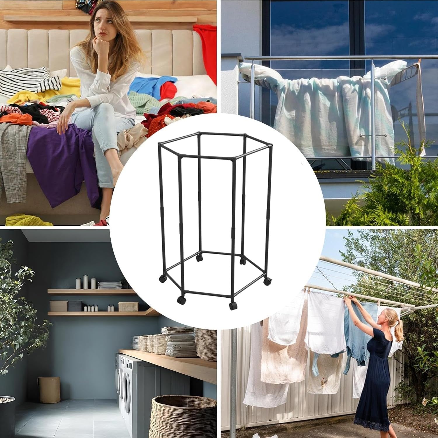 Hexagonal Clothes Drying Rack Rolling Garment Rail Space Saving Indoor Outdoor