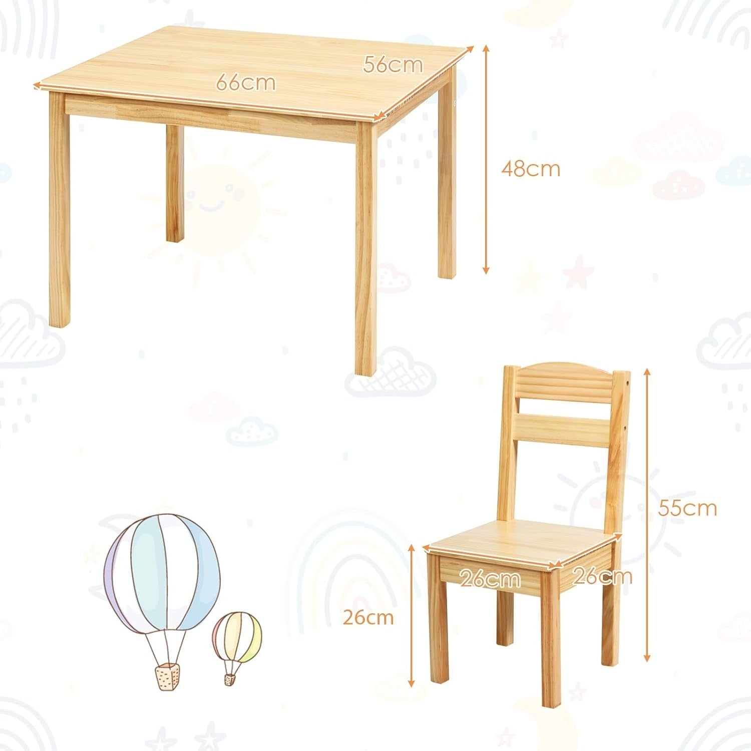Kids Wooden Table & 4 Chairs Set – Sturdy Pine, Easy Clean, Perfect for Play & S